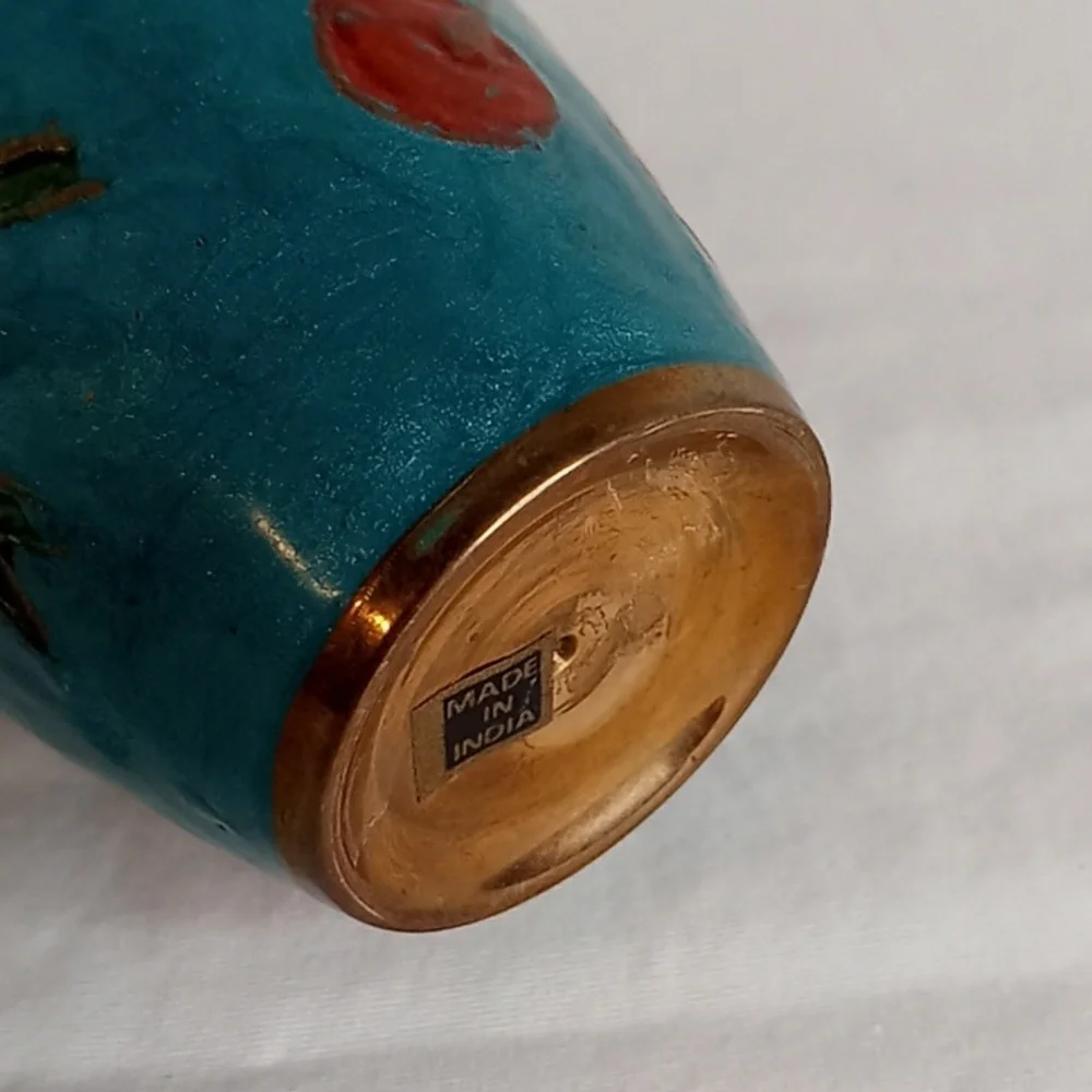 MCM Vintage Hand Painted Floral And Fruit Brass Vase